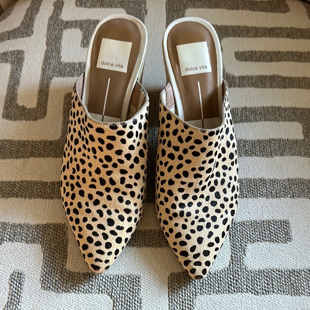 Dolce Vita Tan and Black Mules with Animal Print- Size 6.5